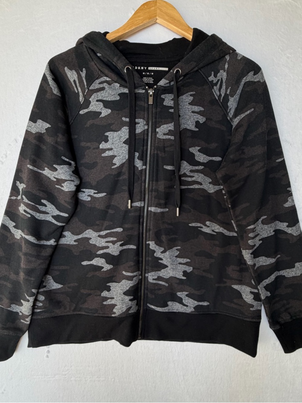 DKNY Sport Black Camo Print Zip-Up Hoodie with Gray Interior Trim